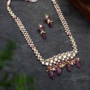 Natural Stone, Kundan, Pink Kundan Necklace For Women, Indian Traditional Jewelry, Purple, Green, Party Wear, Statement Long Necklace Set