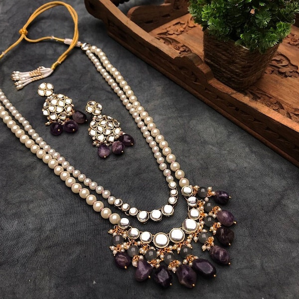 Amethyst Lange Kundan Halskette Set, Pakistanische Halskette Set, Perle Kundan Schmuck, Lavendel Schmuck, Indische Hochzeit, Chandelier Ohrringe