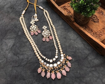Conjunto de collar de capas largas de Kundan rosa, joyería tradicional paquistaní, joyería de fiesta, collar púrpura estilo Bollywood, pendientes colgantes