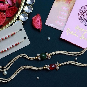 Rakhi et carte en pierre naturelle, Rakshabandhan, Rakhri pour frère, Shubh Dhaga Bhai, combo, salutations, cadeau, ensemble de deux rakhi, fil Nazariya