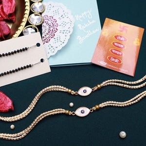 Evil Eye Rakhi e cartão, Rakshabandhan, Rakhri para irmão, Shubh Dhaga Bhai Rakhi, Rakhi Combo, saudações, presente, conjunto de 2, fio Nazariya