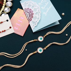 Rakhi mauvais œil et carte, Rakshabandhan, Rakhri pour frère, Shubh Dhaga Bhai Rakhi, Rakhi combo, voeux, cadeau, lot de 2, fil Nazariya