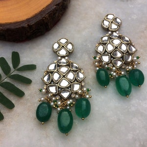 Handmade Kundan Dangler Earrings: Natural Stone Bollywood Jewelry