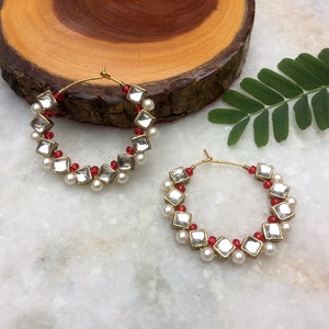 Kundan Earrings, Ethnic Hoop Earrings For Women, Handmade Indian Traditional Jewelry, Statement Bollywood Earring, Red Earring, Pearl Hoop