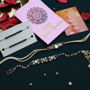 Red Kundan Rakhi & Card, Rakshabandhan, Rakhri para irmão, Shubh Dhaga Bhaiya, Bhabhi Rakhi / Lumba / Irmã Rakhi, Rakhi Saudações para Bhai