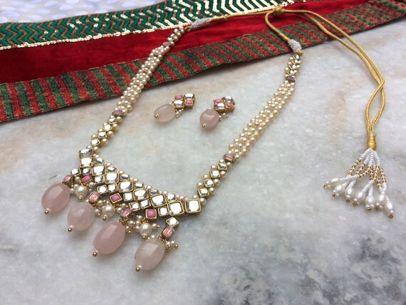 Rose Quartz Kundan Faux Pearl Necklace 