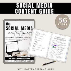 May include: A digital product cover featuring a tablet displaying a social media content guide. The cover includes the title "The Social Media Content Guide" and the text "Level Up Your Socials with 100 Hooks CTA's, 90 Days of Content and 300+ Content Prompts." The cover also includes the text "With Master Resell Rights" and "The Faceless Digitals".