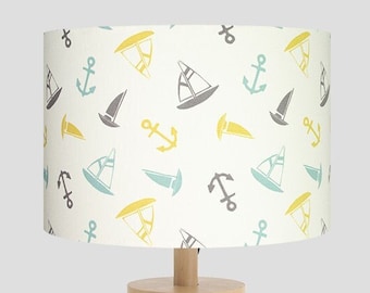 Coastal Drum Lampshade: Nautical Anchor & Sailboat Print, Handmade in Cornwall