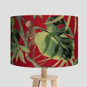 Monkey Drum Lampshade: Tropical Red Lampshade, Handmade in Cornwall