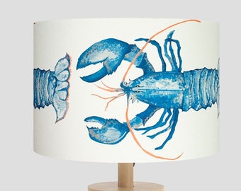 Water Coloured Blue Lobster Handmade Lampshade | 20 – 40cm Diameter | Coastal Drum Lampshade | Nautical Lampshade | Made In Cornwall |