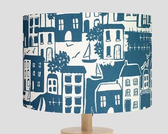 Blue Coastal Town Drum Lampshade: Nautical Decor, Handmade in Cornwall