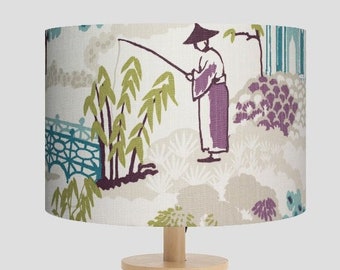 Asian Pagoda Fabric Lampshade: Botanical Oriental Drum Shade