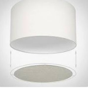 May include: A white ceiling light fixture with a round, white shade. The shade is removable and can be adjusted to different heights.