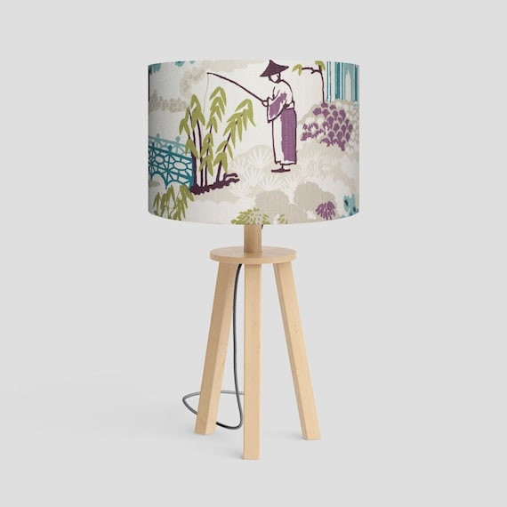 Asian Pagoda Fabric Lampshade: Botanical Oriental Drum Shade