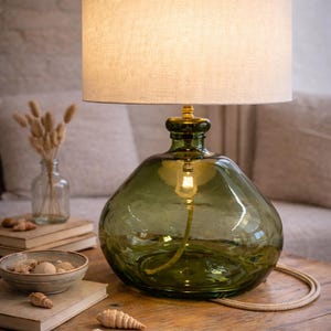 Handmade Olive Green Recycled Glass Table Lamp with Linen Flex