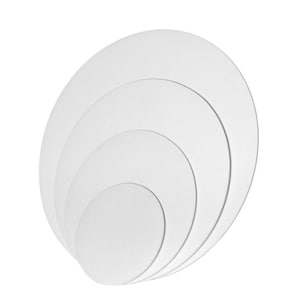 May include: Set of five white round cardboard cake circles of varying sizes.