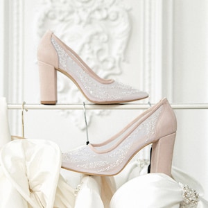 Pinky White Wedding Shoes with Handmade Beads Embroidery and Block High Heels, Transparent Bridal Pumps with Soft Mesh, High Heel Shoes