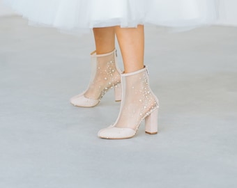 Couture Wedding Ankle Booties With Pearls Embroidery, Beaded Pearl Decorated Wedding Shoes from Natural Suede with Block Heel