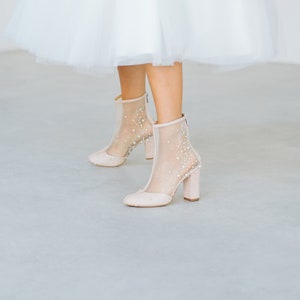 Couture Wedding Ankle Booties With Pearls Embroidery, Beaded Pearl Decorated Wedding Shoes from Natural Suede with Block Heel