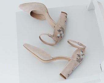 Pinky White Bridal Sandals with Handmade Embroidery, Wedding Shoes with Pointy Closed Toe and Ankle Strap, Bridal Shoes with Block Heel