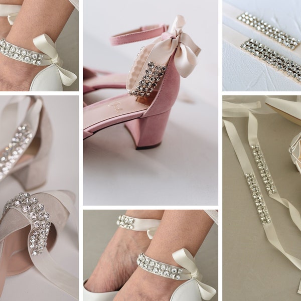 Accessoires de chaussures de mariée pour mariage (par paires), Ruban de satin pour chaussures de mariage, Chaîne de perles, Bracelet de cheville en perles, Noeud en satin de soie, Pinces à chaussures en perles