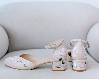 Ivory Bridal Sandals with Sakura Embroidery, Handmade Wedding Shoes with V-Cut Vamp, Almond Toe and Ankle Strap, Bridal Shoes Low Block Heel