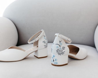 White Bridal Sandals with Handmade Embroidery, Wedding Shoes with V-Cut Vamp, Almond Toe and Ankle Strap, Bridal Shoes Low Block Heel