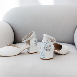 White Bridal Sandals with Handmade Embroidery, Wedding Shoes with V-Cut Vamp, Almond Toe and Ankle Strap, Bridal Shoes Low Block Heel