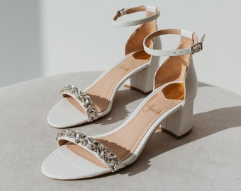 White Wedding Sandals with Low Block Heel and Ankle Strap, Leather Bridal Shoes with Crystal Embroidery, Wedding Shoes with Peep Open Toe