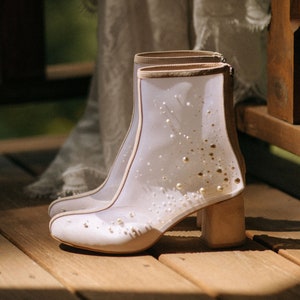 Ivory Wedding Boots with Block Heels and Pearl Embroidery on Tulle, Almond Toe Wedding Shoes Pearls Embellished, Bridal Booties Mid Heel