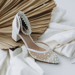 White Wedding Shoes with Low Block Heels, Pearl Embroidery and Pointy Toe, Leather Bridal Sandals with Pearl Ankle Strap, Wedding Sandals