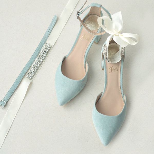 Blue Wedding Sandals with Low Block Heels and Ankle Strap, Handmade Bridal Shoes with Closed Pointed Toe, Something Blue Heels