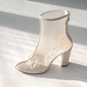 Ivory Wedding Ankle Boots with Floral Beads Embroidery, Genuine Suede with High Block Heel and Almond Toe, Off-White Couture Wedding Shoes