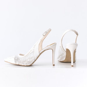 White Slingback Wedding Pumps with Pointy Heel and Sequin and Beads Embroidery,Pearly White Leather Bridal Shoes with Closed Pointy Toe