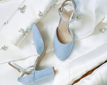 Blue Wedding Sandals With Block Heel and Almond Toe, Bridal Heels