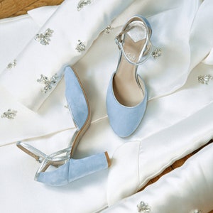 Blue Wedding Sandals with Block Heel and Almond Toe, Bridal Heels with Silver Ankle Straps, Dusty Blue, Something Blue Bridesmaid Shoes