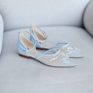 Blue Wedding Flats with Ankle Strap and Handmade Embroidery, Beaded Wedding Shoes with Pointy Closed Toe, Something Blue Flat Bridal Sandals