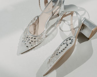 Silver Wedding Sandals with Crystal Embroidery and Ankle Strap, Bridal Shoes with Low Block Heel and Soft Mesh, Wedding Slingback Shoes