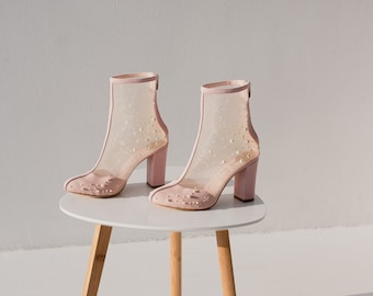 Pink Wedding Ankle Booties With Beautiful Embroidery, Beaded Pearl Decorated Natural Suede Wedding Shoes with Block Heels, Embroidered Shoes