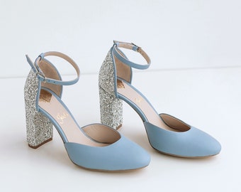 Blue Bridal Sandals with Almond Toe, Block Heel Wedding Shoes, Glitter Shoes for Bride with Ankle Strap, Something Blue Leather Bridal Heels