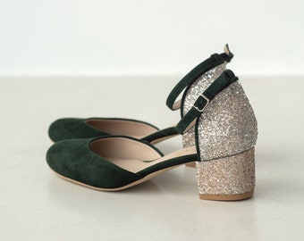 Emerald Green Bridal Sandals with Peach Glitter Block Heel and Round Toe, Handmade Wedding Shoes with Ankle Strap, Bridesmaid Shoes