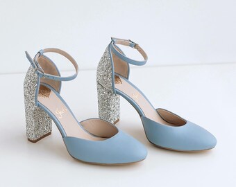 Blue Bridal Sandals with Almond Toe, Block Heel Wedding Shoes, Glitter Shoes for Bride with Ankle Strap, Something Blue Leather Bridal Heels