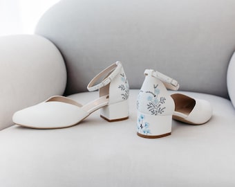 White Bridal Sandals with Handmade Embroidery, Wedding Shoes with V-Cut Vamp, Almond Toe and Ankle Strap, Bridal Shoes Low Block Heel