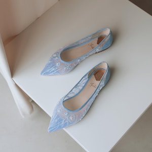 Blue Wedding Flats with Pointy Toes from Suede and Soft Mesh, Floral Flat Bridal Shoes, Handmade Embroidered Wedding Shoes, Something Blue