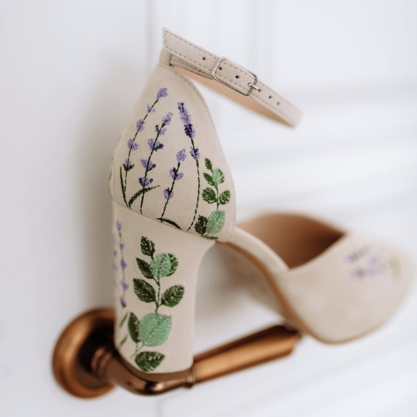 Ivory Bridal Sandals with Lavender Embroidery, Wedding Shoes with V-Notched Vamp, Almond Toe and Ankle Strap, Bridal Shoes with Block Heel