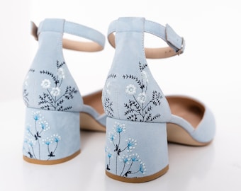 Something Blue Bridal Sandals with Handmade Embroidery, Wedding Shoes with Pointy Toe and Ankle Strap, Bridal Shoes Low Block Heel