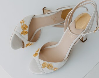 White Wedding Sandals with Marigold Embroidery and Slim Curvy Heels, Slingback Bridal Shoes with Peep Toe, Embroidered Wedding Shoes