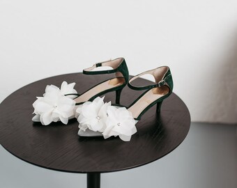 Green Wedding Shoes with Organza Flowers Decoration, Low Pointy Heels and Ankle Strap, Emerald Green Bridal Heels, Flower Wedding Sandals