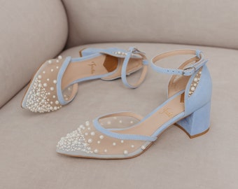 Blue Wedding Sandals with Low Block Heels, Pointy Toe and Pearl Embroidery, Bridal Shoes Ankle Strap, Embroidered Sandals, Something Blue