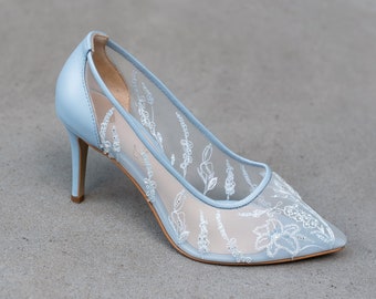 Blue Wedding Pumps with High Pointy Heel and Wildflower Embroidery, Floral Embroidered Wedding Shoes, Something Blue Bridal Shoes Pointy Toe